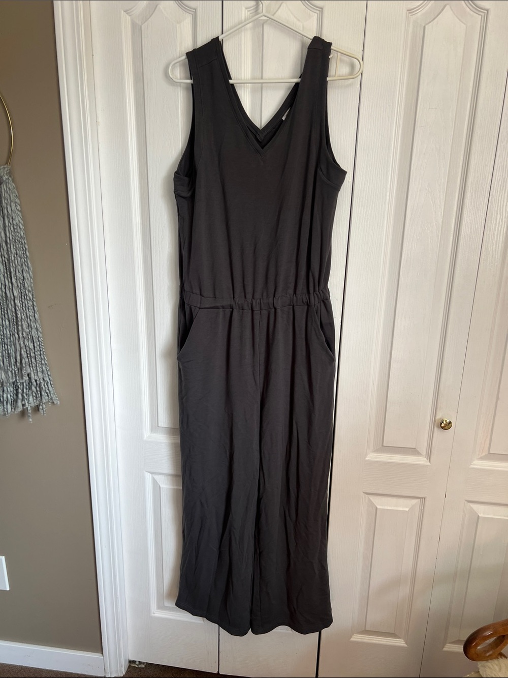 Sleeveless V-Neck charcoal grey/blue jersey stretch wide legged Jumpsuit